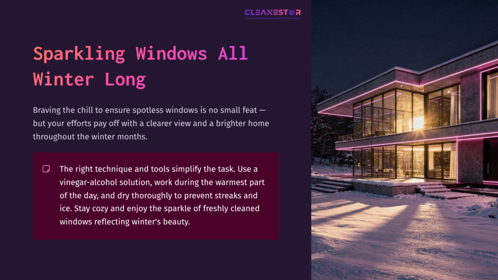 Modern House With Large Windows Reflecting Winter Scenery, Surrounded By Snow, Illuminated By Pink Lights Against A Dark Background.