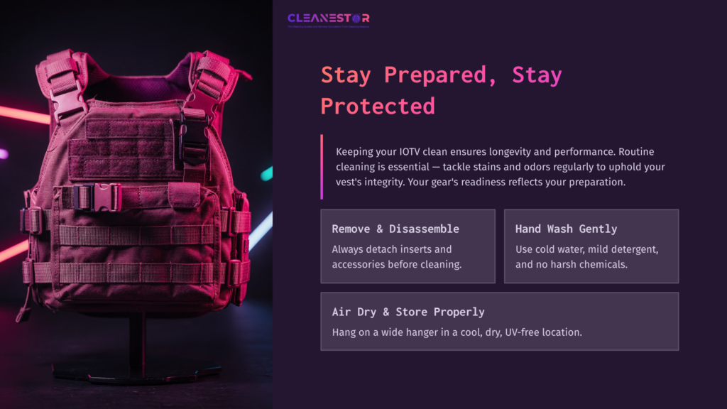 11 Stay Prepared Stay Protected A Tactical Vest On A Display Stand With Purple And Pink Lighting, Alongside Cleaning Tips For Maintaining An Iotv.