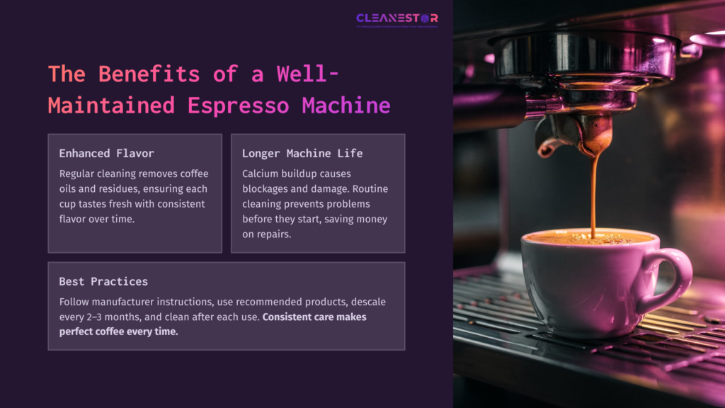 Close-Up Of Espresso Flowing From A Machine Into A White Cup, Surrounded By Dark Tones And Text Highlighting Maintenance Benefits.