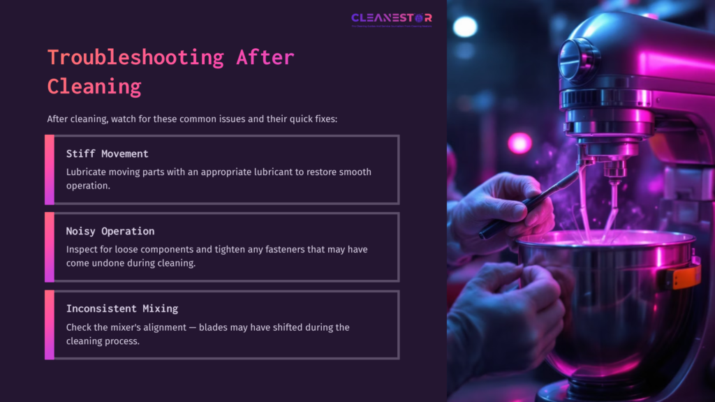 11 Troubleshooting After Cleaning Electric Paint Mixer With A Stainless Steel Bowl, Vibrant Pink Liquid Inside, Hands Adjusting Settings, And Troubleshooting Tips Nearby.