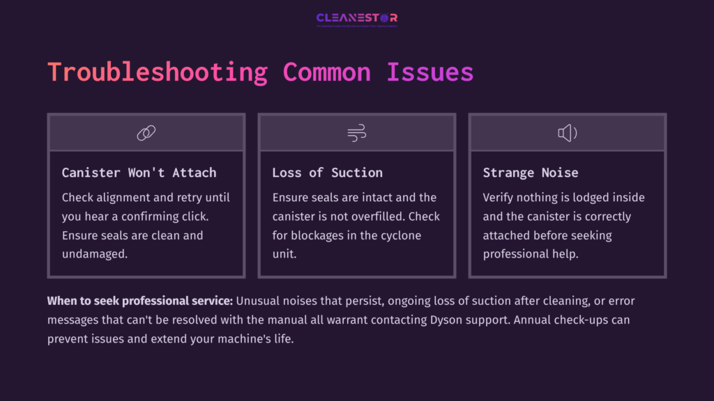 Three Troubleshooting Tips For Dyson V11: 1) Ensure Canister Clicks Into Place, 2) Check Seals And Blockage, 3) Verify Noises And Connection.