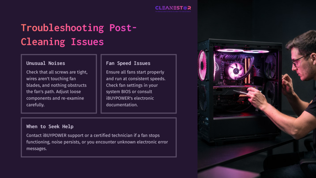 A User Inspects A Black Ibuypower Pc Case Featuring Colorful Rgb Lights, With Focus On Front Fan Cleaning Instructions.