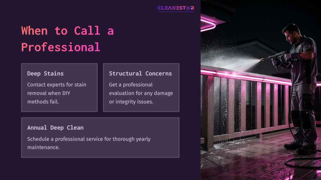 A Person Pressure Washing A Dark-Colored Trex Railing Under Pink Lighting, With Text Boxes Highlighting When To Call A Professional.