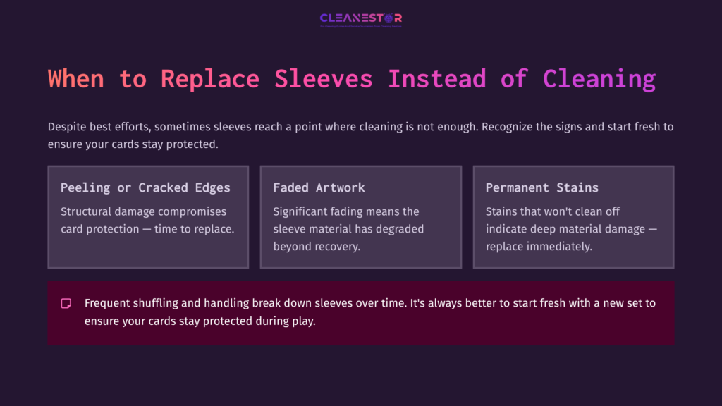 Tips On Replacing Dragon Shield Sleeves Instead Of Cleaning, Featuring Text On Sleeve Conditions Like Peeling And Stains Against A Dark Purple Background.
