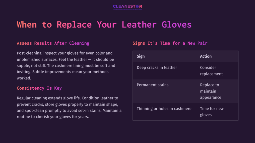 Text On A Dark Purple Background Outlines Leather Glove Care Tips, With Sections On Cleaning Results And Signs For Replacement.