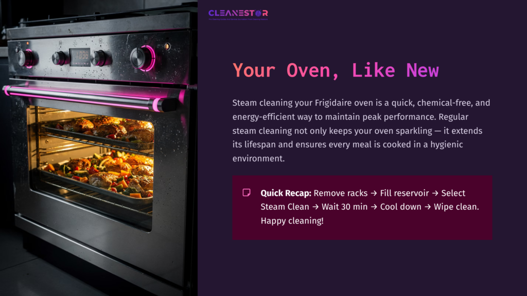 A Frigidaire Oven With A Warm Glow From Inside, Showcasing Steaming Food. Text Highlights Steam Cleaning Tips And Recalls Key Steps.