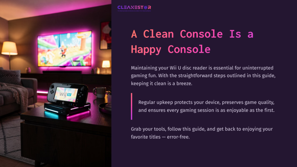 12 A Clean Console Is A Happy Console A Wii U Console Sits On A Table With A Colorful Gaming Setup In The Background, Highlighting A Cozy Gaming Environment.