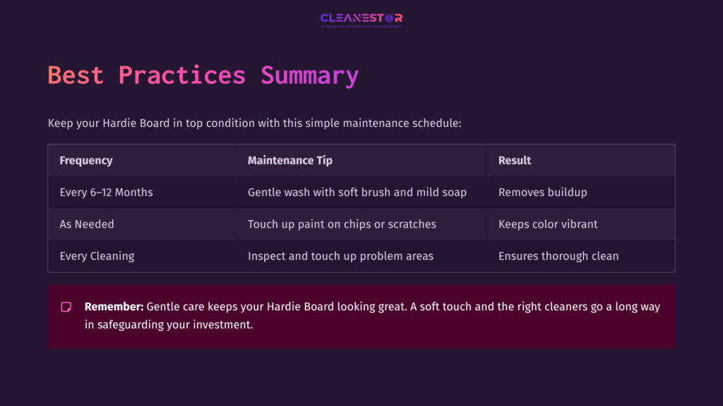 Summary Of Best Practices For Maintaining Hardie Board, Featuring A Purple Background, White Text, And A Reminder About Care And Investment.