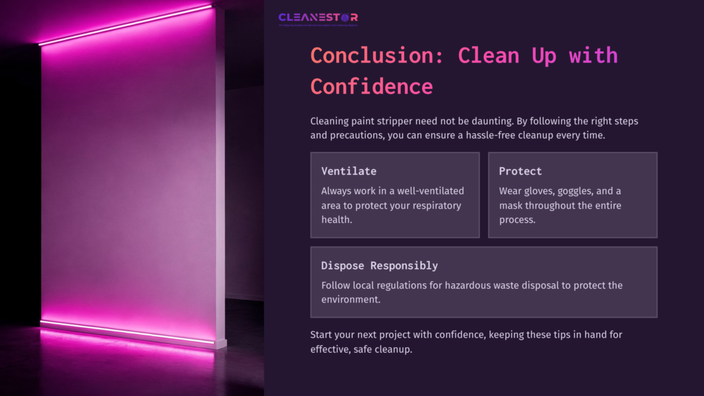 A Brightly Lit Room With Pink Ambient Lighting, Featuring A Wall And Text On Cleaning Paint Stripper, Emphasizing Safety And Proper Disposal.