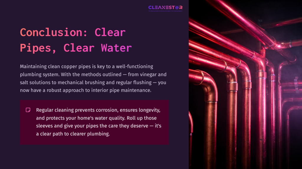 A Close-Up Of Shiny Copper Pipes Against A Dark Background, Highlighting Their Color And Texture, With Maintenance Tips In The Foreground.