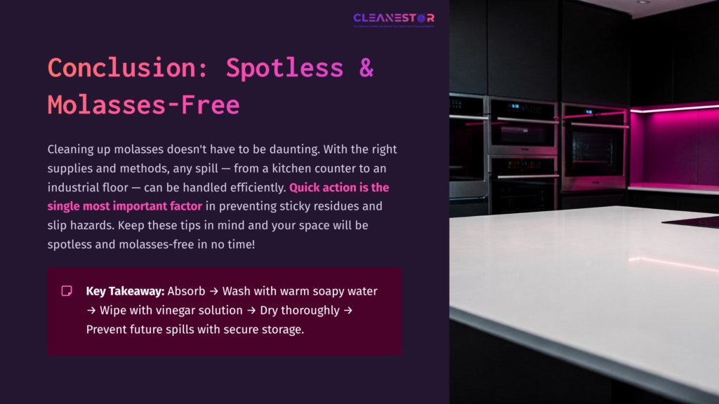Modern Kitchen Countertop With A Sleek Design, Highlighted By Purple Lighting; Includes Cleanup Tips For Handling Molasses Spills.