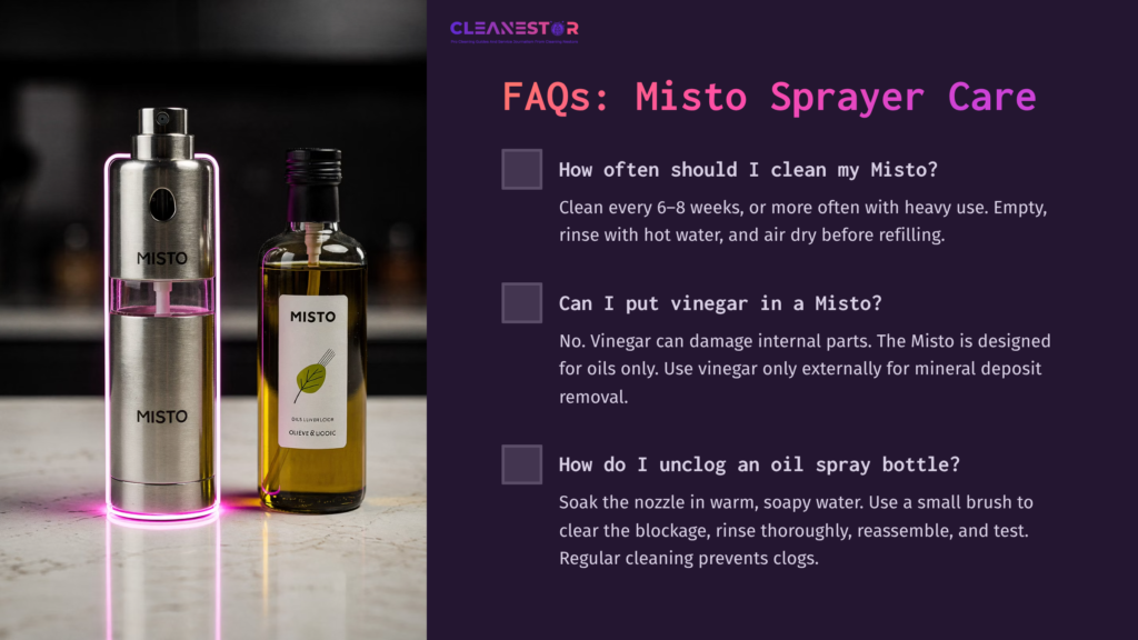 A Misto Sprayer Beside A Bottle Of Oil On A Dark Background; Text Outlines Care Faqs And Cleaning Instructions For The Sprayer.