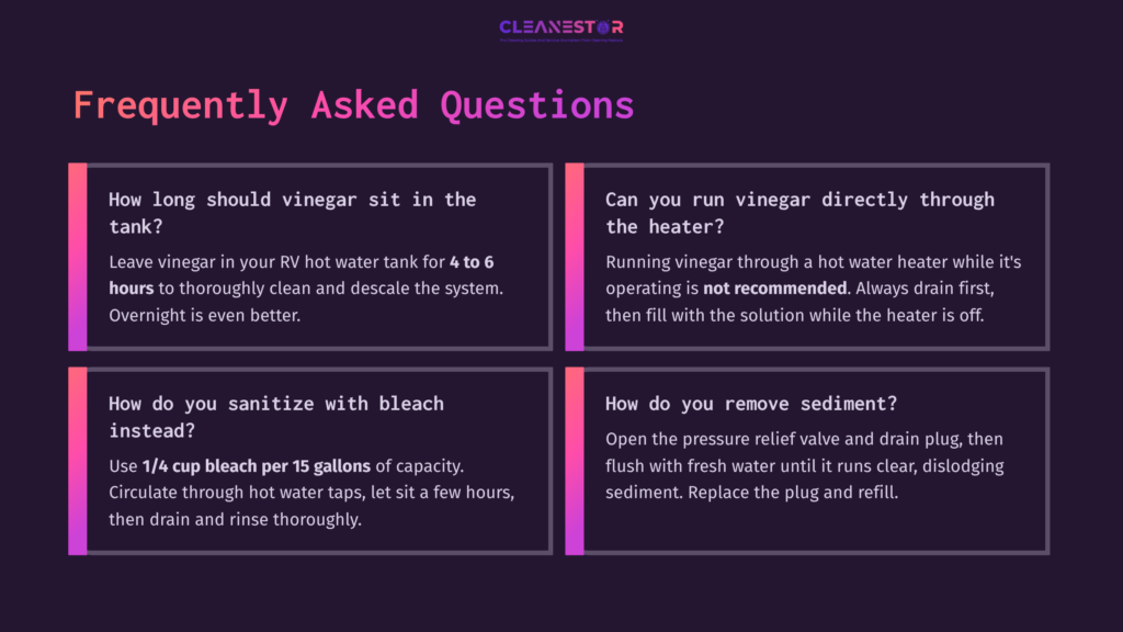 Purple Background With White Text In A Grid Layout, Featuring Faqs About Cleaning Rv Hot Water Heaters With Vinegar And Bleach.