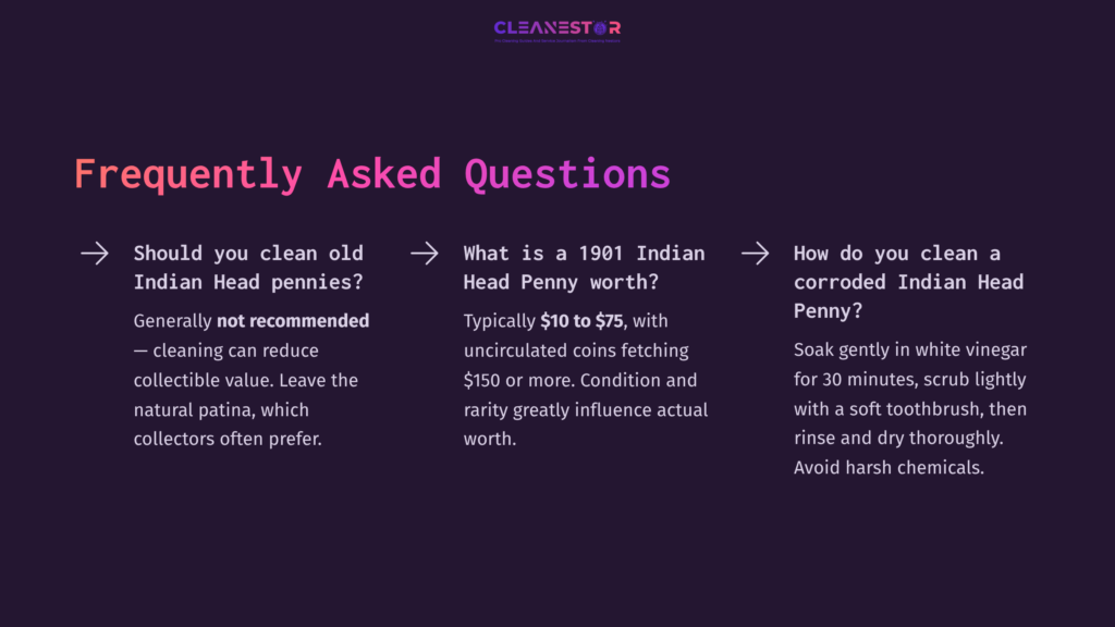 12 Frequently Asked Questions Text On A Dark Purple Background Addressing Frequently Asked Questions About Cleaning And Valuing A 1901 Indian Head Penny.