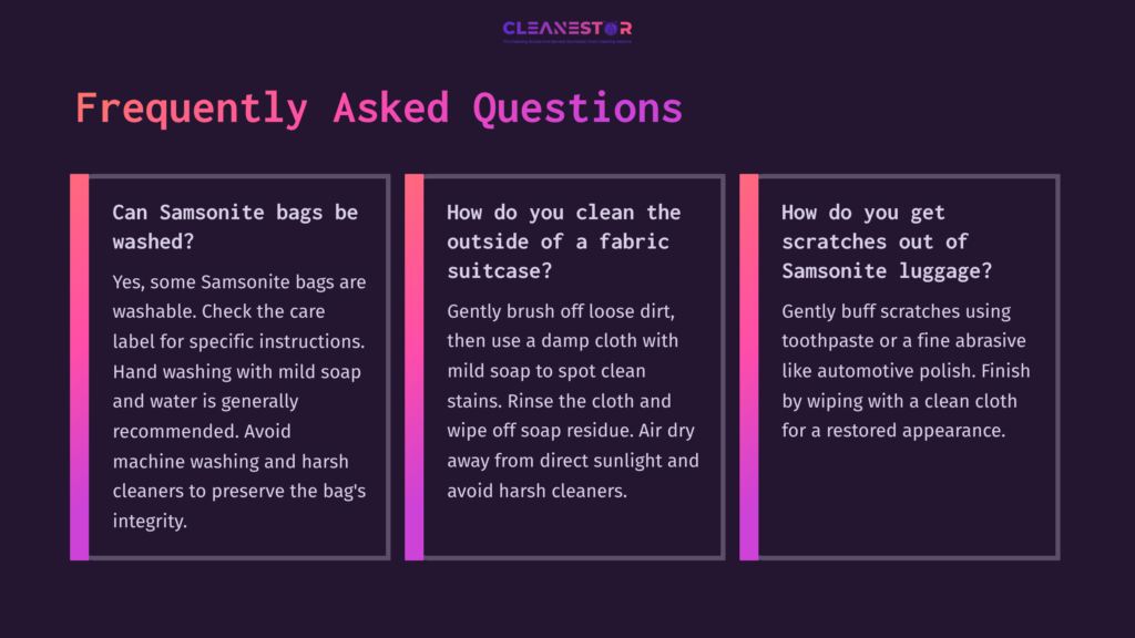 Text Box Layout Featuring Faqs About Cleaning Samsonite Luggage; Sections Include Tips For Bags And Suitcase Upkeep With Colorful Backgrounds.