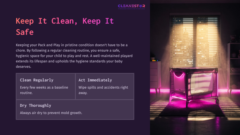 Brightly Lit Room With A Pack And Play In The Center, Featuring Guidelines For Cleaning And Maintaining Hygiene. Soft Pink Tones Enhance The Atmosphere.