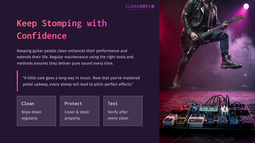 A Guitarist Performs On Stage With Colorful Lights, Showcasing Various Guitar Pedals On The Floor, Emphasizing Pedal Maintenance Tips.