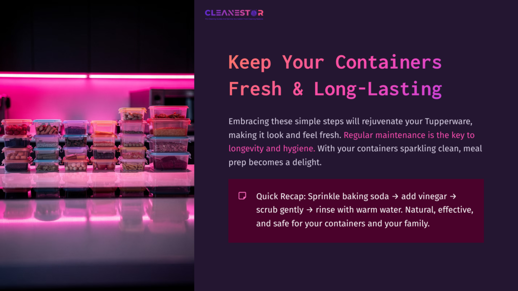 A Stack Of Colorful Tupperware Containers On A Kitchen Counter, Illuminated By Pink Light, With A Cleaning Tip Displayed Beside Them.