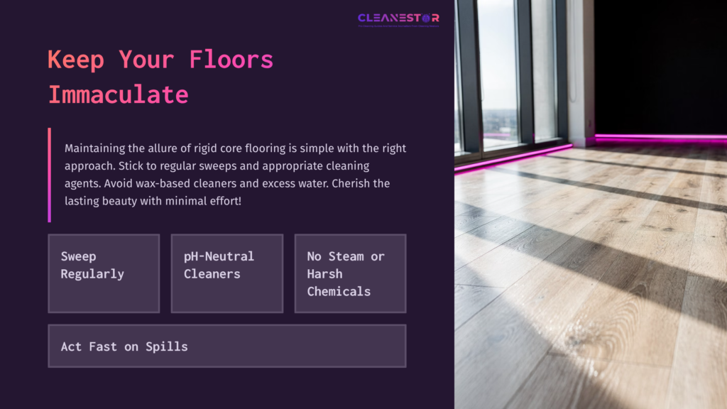 Brightly Lit Indoor Space With Light-Toned Rigid Core Flooring, Featuring Large Windows, A Pink Accent Line, And A Cleaning Tips Overlay.