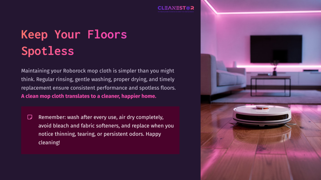 A Roborock Vacuum Mop On A Clean Floor With A Purple And Pink Ambient Light Backdrop, Highlighting Tips For Maintaining Mop Cloths.
