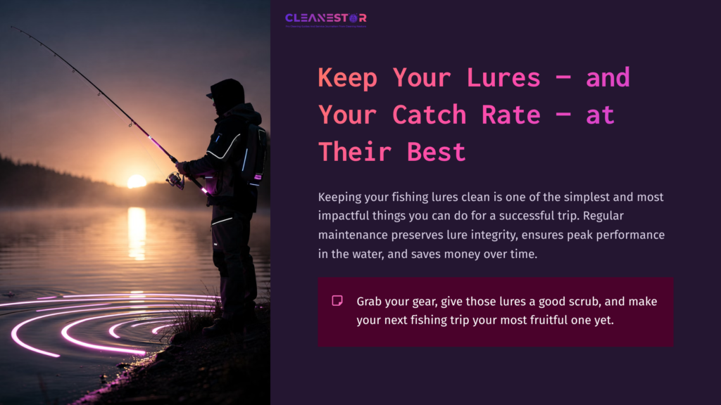 A Fisherman Stands In Silhouette By The Water At Sunset, Holding A Fishing Rod, With Text Promoting Lure Maintenance Tips Alongside.