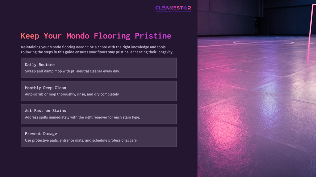 A Clean, Bright Mondo Flooring Surface With A Purple Background; Text On Maintenance Tips Is Prominently Displayed.
