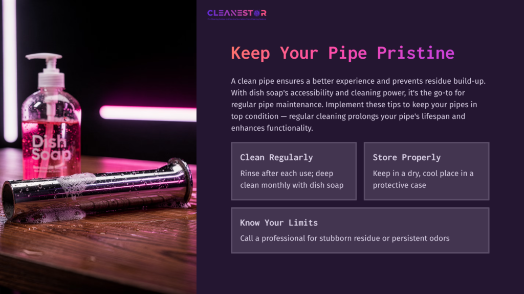A Shiny Metal Pipe Sits On A Wooden Surface With Drops Of Water, Next To A Bottle Of Dish Soap And Cleaning Instructions In Purple Text.