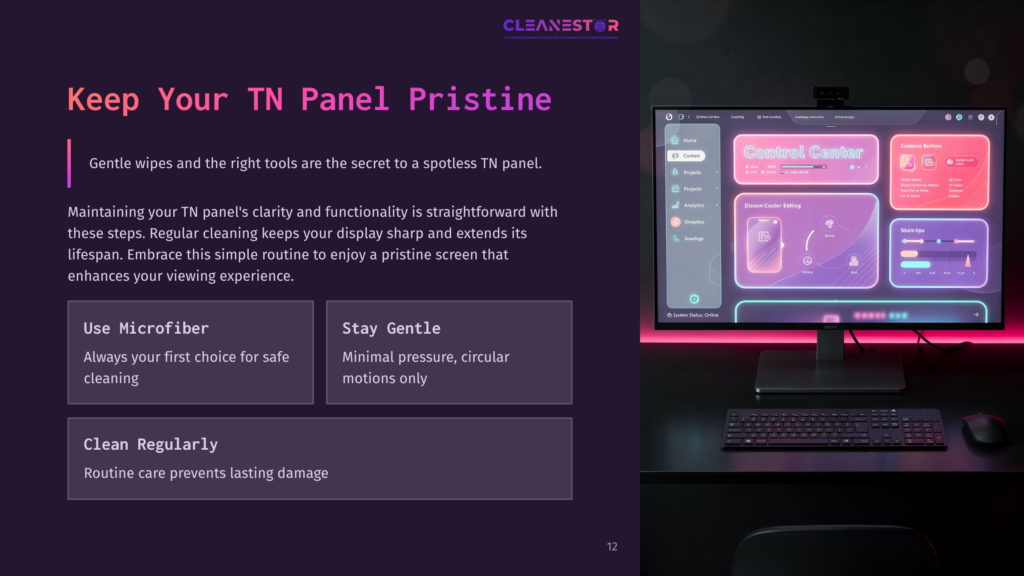 A Desktop Setup Features A Monitor Displaying Cleaning Tips, With A Purple Background And Glowing Accents, A Keyboard And Mouse Nearby.