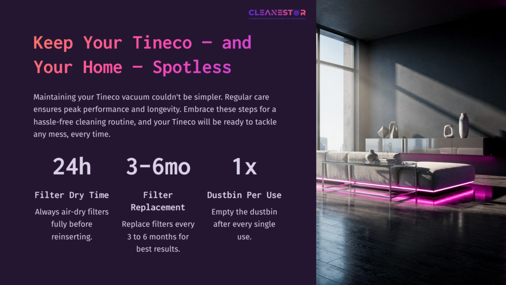 Graphic With A Modern Living Room Featuring A Stylish Vacuum Cleaner, A Maintenance Checklist, And Colorful Accent Lighting.