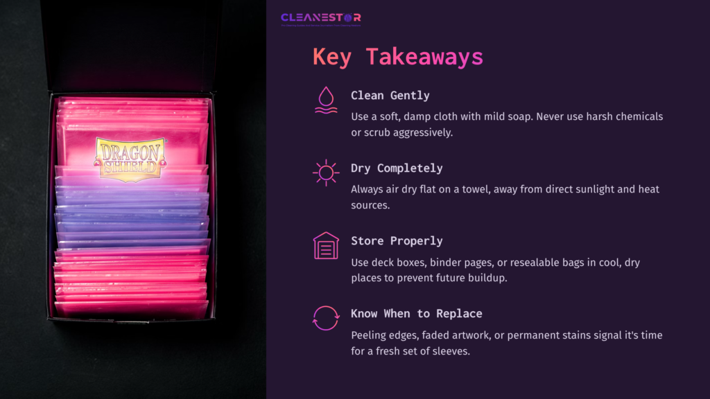 A Boxed Set Of Dragon Shield Sleeves In Pink And Purple, With A List Of Key Cleaning Takeaways Displayed In White And Lavender Text.