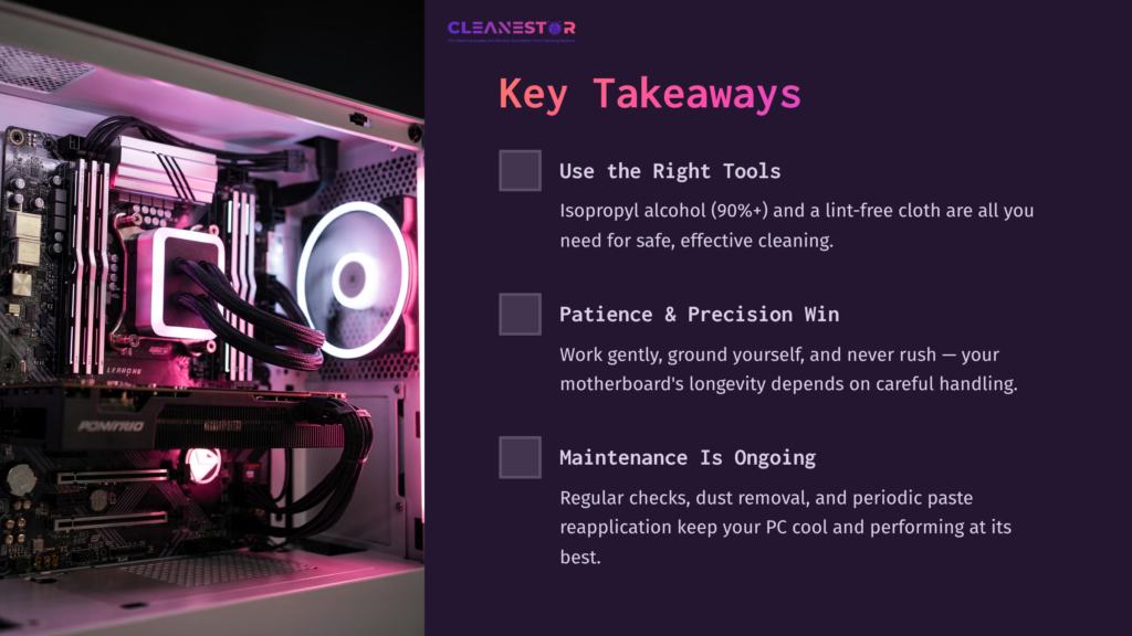 A Computer Case Showcasing A Motherboard With Pink And Purple Lighting, Highlighting Tips For Cleaning Thermal Paste Effectively.