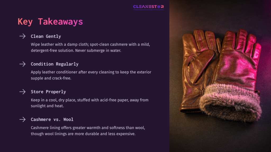 Brown Leather Gloves With Cashmere Lining On A Dark Background. Text Highlights Key Care Tips In Contrasting Colors On The Side.