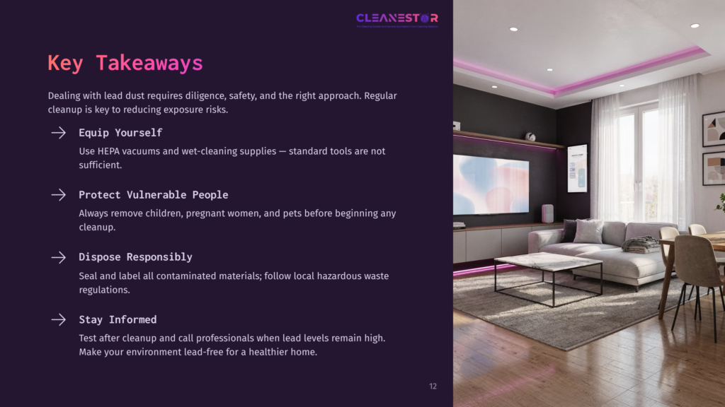 A Modern Living Room With A Tv, Pink Lighting, And A Sofa. Key Points Listed Include Equipping, Protecting, Disposing, And Staying Informed.