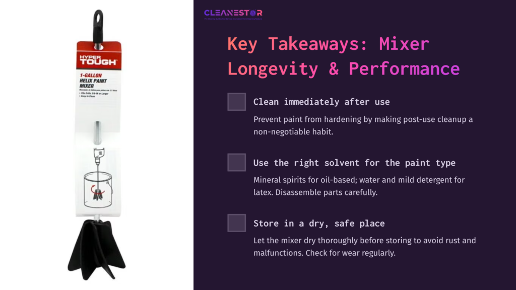 12 Key Takeaways Mixer Longevity And Performance A Paint Mixer On A Black Stand, With A Red And White Label, Alongside Key Cleaning Tips Displayed In Bullet Points.