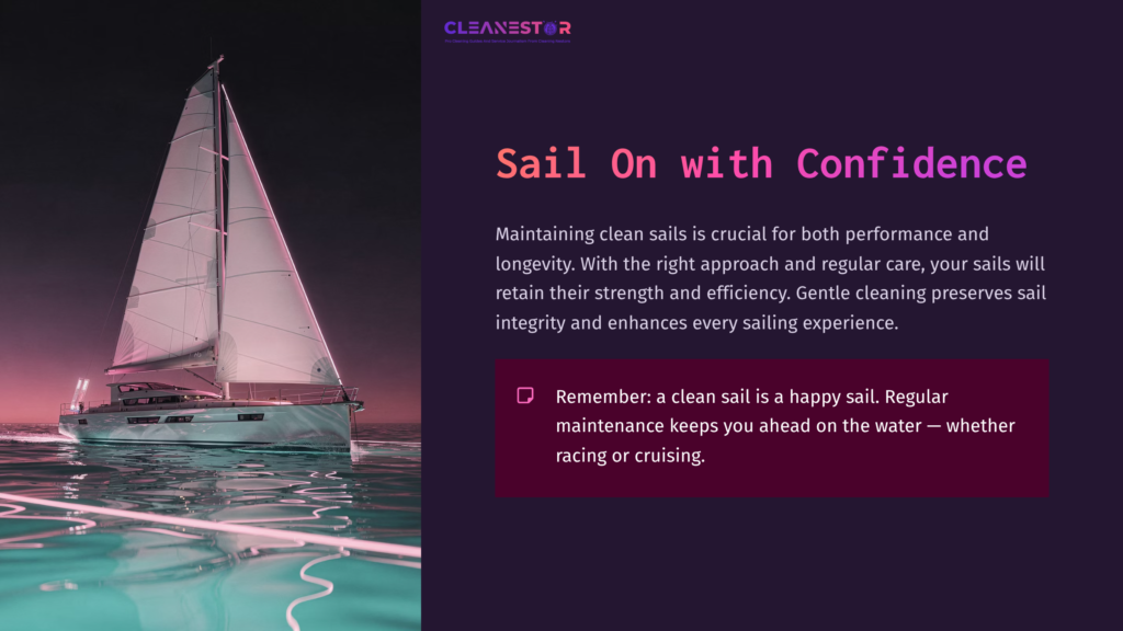 12 Sail On With Confidence A White Sailboat Glides Over Calm Water At Sunset, With Vibrant Purple And Pink Hues In The Sky. Text Emphasizes Sail Care And Maintenance Tips.