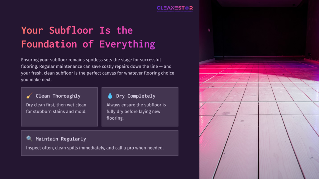 A Clean, Light-Colored Wooden Subfloor In A Room With Dim Lighting And Pink Ambient Lights, Emphasizing Cleanliness And Preparation For Flooring.