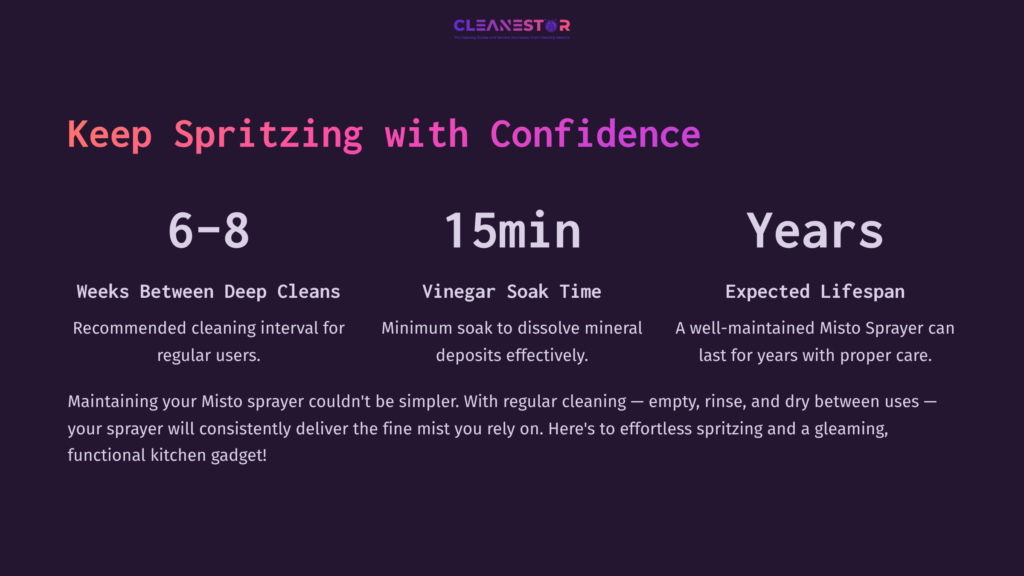 Text Displayed In White And Purple Outlines On A Dark Background, Detailing Cleaning Intervals And Maintenance Tips For A Misto Sprayer.