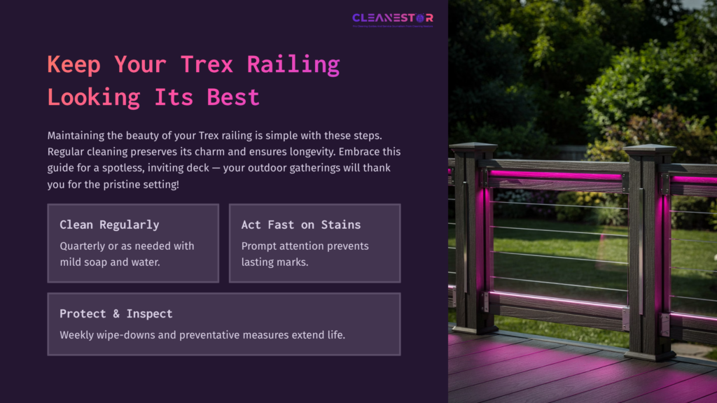 A Modern Deck Railing In Purple Lighting, With A Clean Wooden Floor, Featuring A List Of Cleaning Tips In A Bright Text Box On The Left.