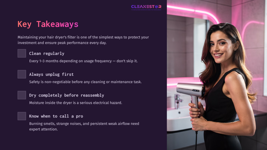 Woman Holding A Hair Dryer, Standing Beside A Modern Bathroom Mirror With Pink Lighting; Key Tips For Cleaning And Maintenance Highlighted.