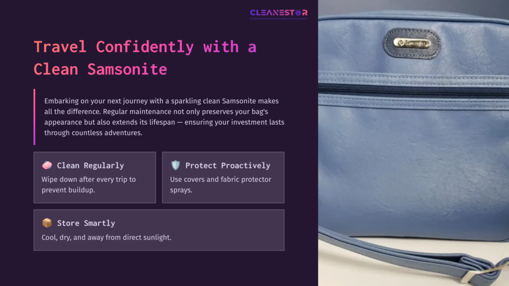 A Blue Samsonite Bag Rests On A Surface, Accompanied By Text Outlining Cleaning Tips And Maintenance Advice In Purple And Gray.