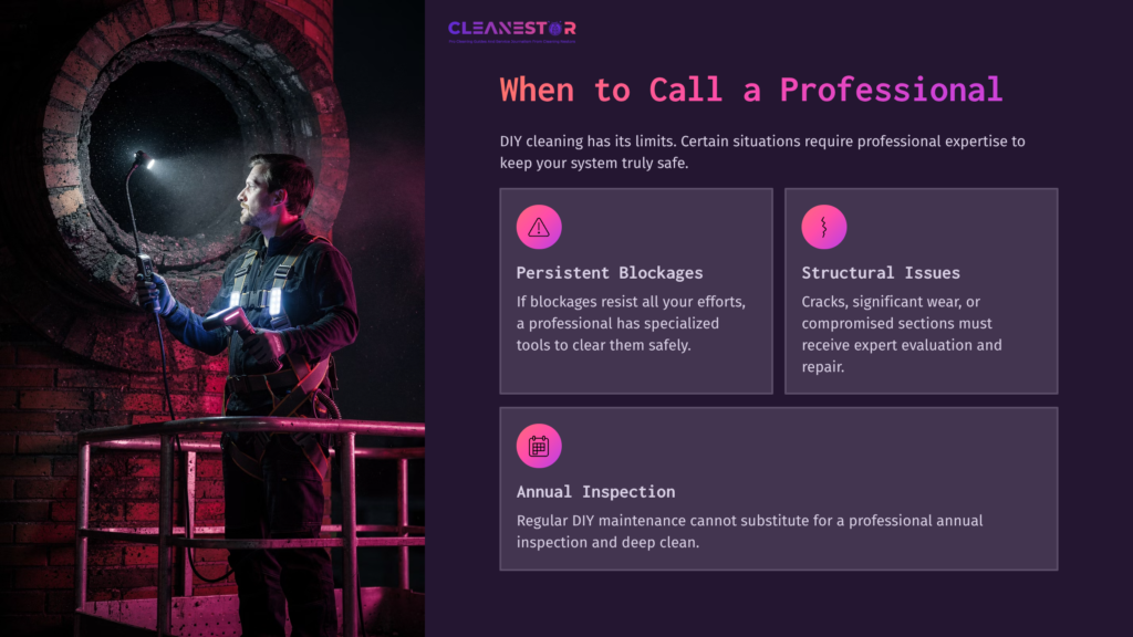 A Person In A Dark Space Uses A Flashlight Near A Chimney, Highlighted By Purple And Blue Tones, With Text About Professional Cleaning Services.