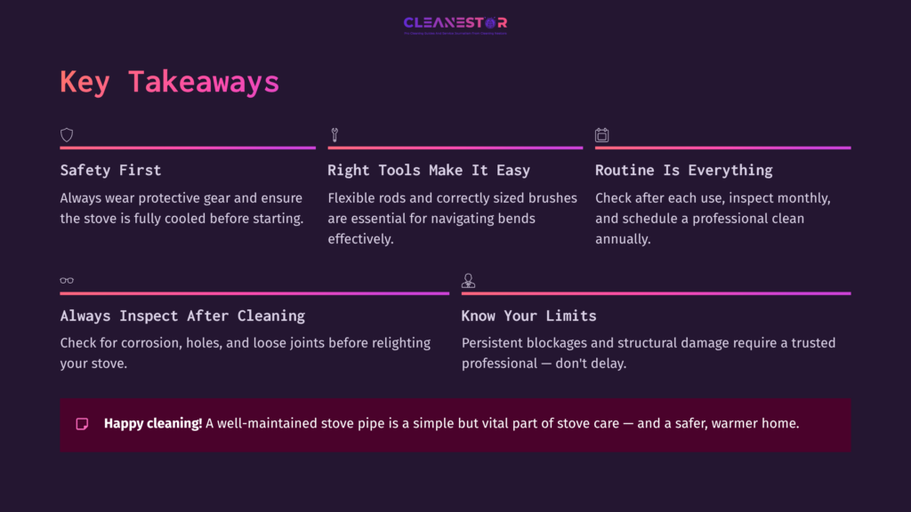 Text On A Dark Purple Background Highlighting Safety Tips And Cleaning Routines For Stove Pipes, With Sections Clearly Organized And Colorful Icons.
