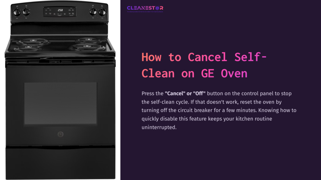 Black Ge Oven With A Control Panel At The Top, Featuring Knobs And Buttons, Next To A Purple Background With Cancellation Instructions.