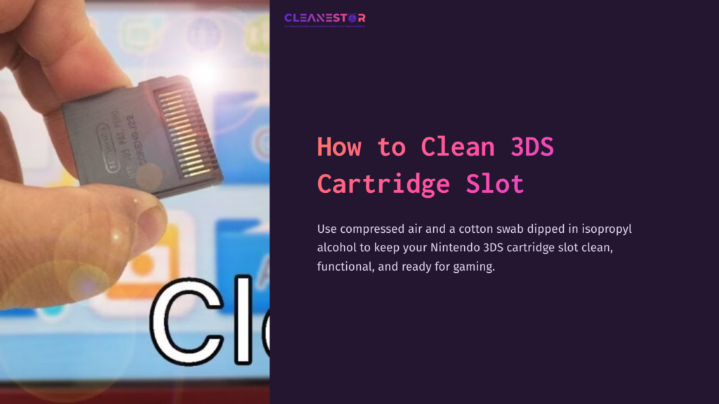 Hand Holding A Nintendo 3Ds Cartridge With Pins Visible, Against A Colorful Blurred Background, Suggesting Cleaning And Maintenance.