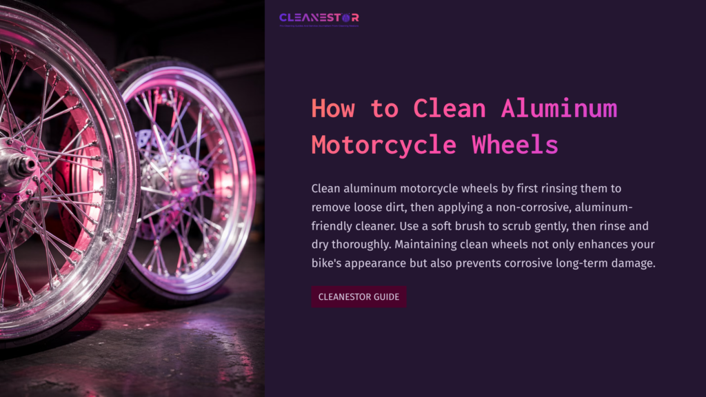 1 How To Clean Aluminum Motorcycle Wheels Close-Up Of Shiny Aluminum Motorcycle Wheels With A Soft Brush, Highlighted By Purple And Pink Lighting, On A Dark Background.