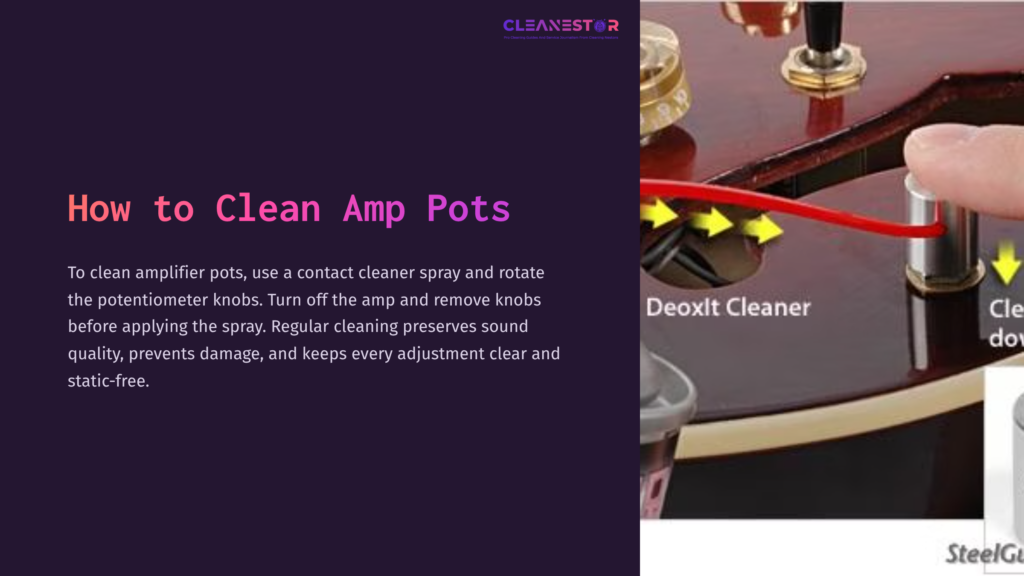 Close-Up Of Amplifier Pots And Knobs With A Can Of Deoxit Cleaner. Instructions Highlight Cleaning Method And Maintenance Tips.