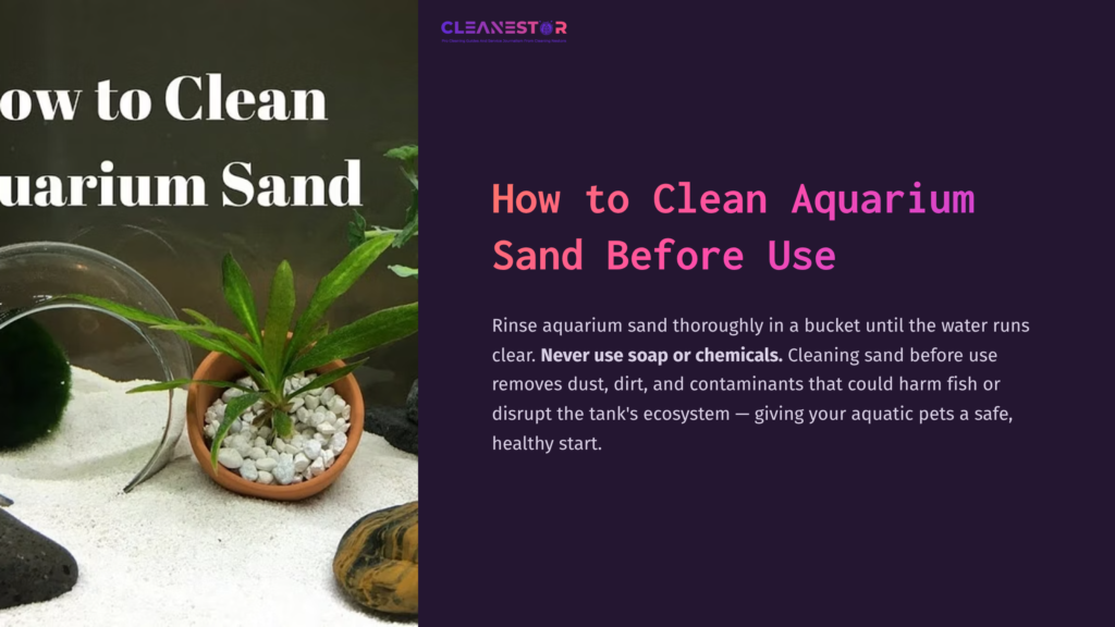 1 How To Clean Aquarium Sand Before Use A Vibrant Website Layout Featuring Text About Cleaning Aquarium Sand, Alongside A Bowl Of Sand, Aquatic Plants, And Decorative Stones.