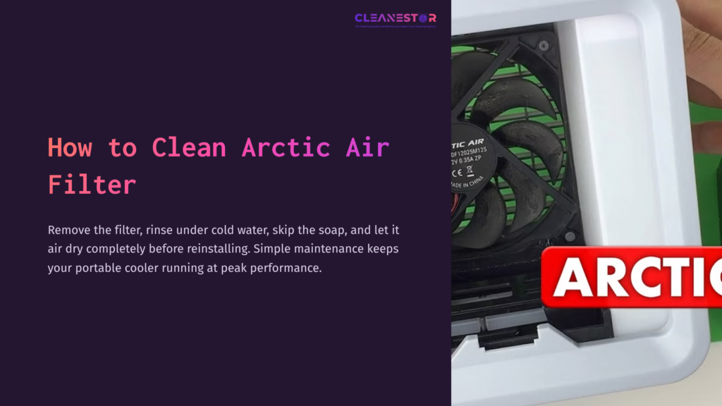 Close-Up Of An Arctic Air Filter With Visible Fan And Grid, Accompanied By Cleaning Instructions On A Contrasting Purple Background.