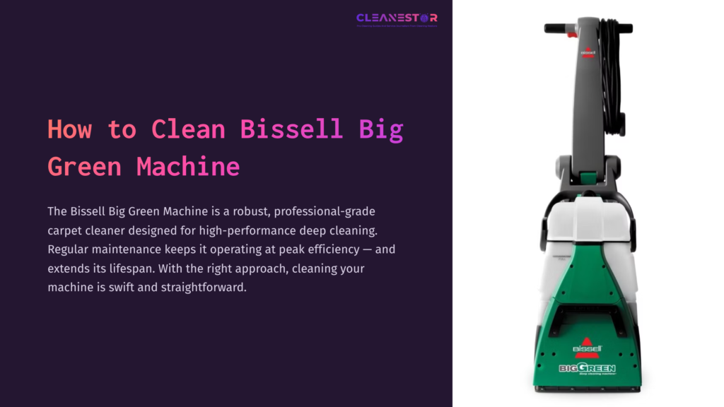 Bissell Big Green Machine Carpet Cleaner In Green And White, Showcasing Its Upright Design And Cleaning Tools, Set Against A Purple Background.
