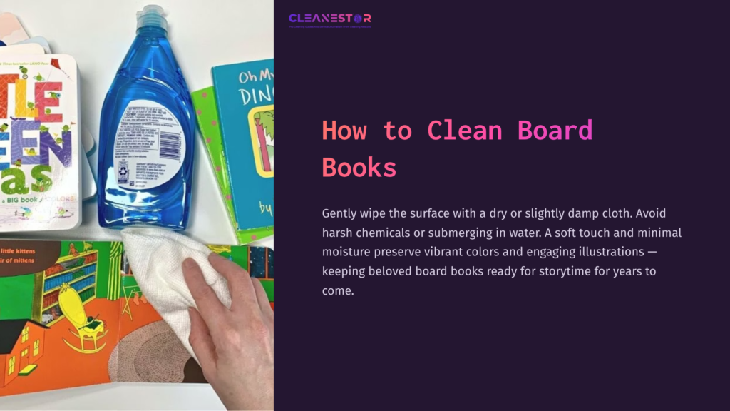 A Hand Holds A Cloth Near A Bottle Of Dish Soap And Vibrant Board Books On A Table, Emphasizing A Cleaning Context.